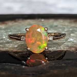Opal Diamond 10K Solid Yellow Gold Ring